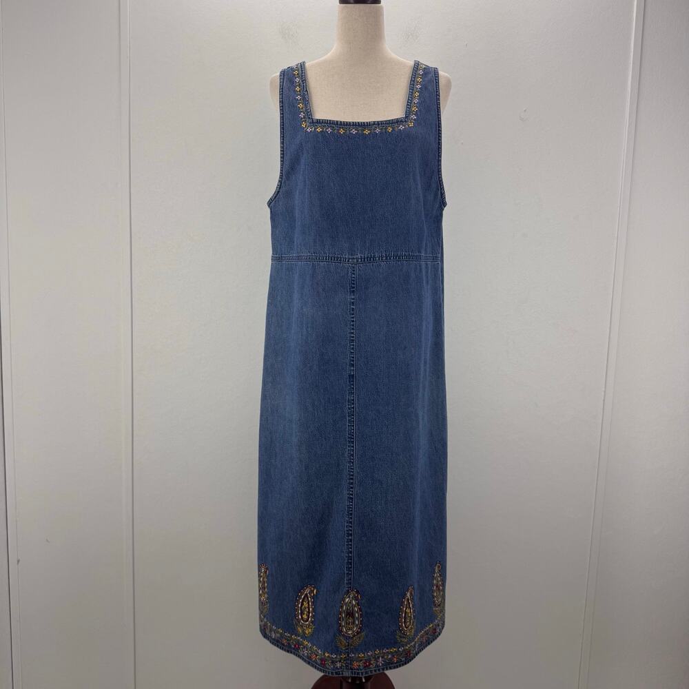 Vtg 90'S Denim Overall Dress Floral Embroidered Jumper Modest Cottagecore Large